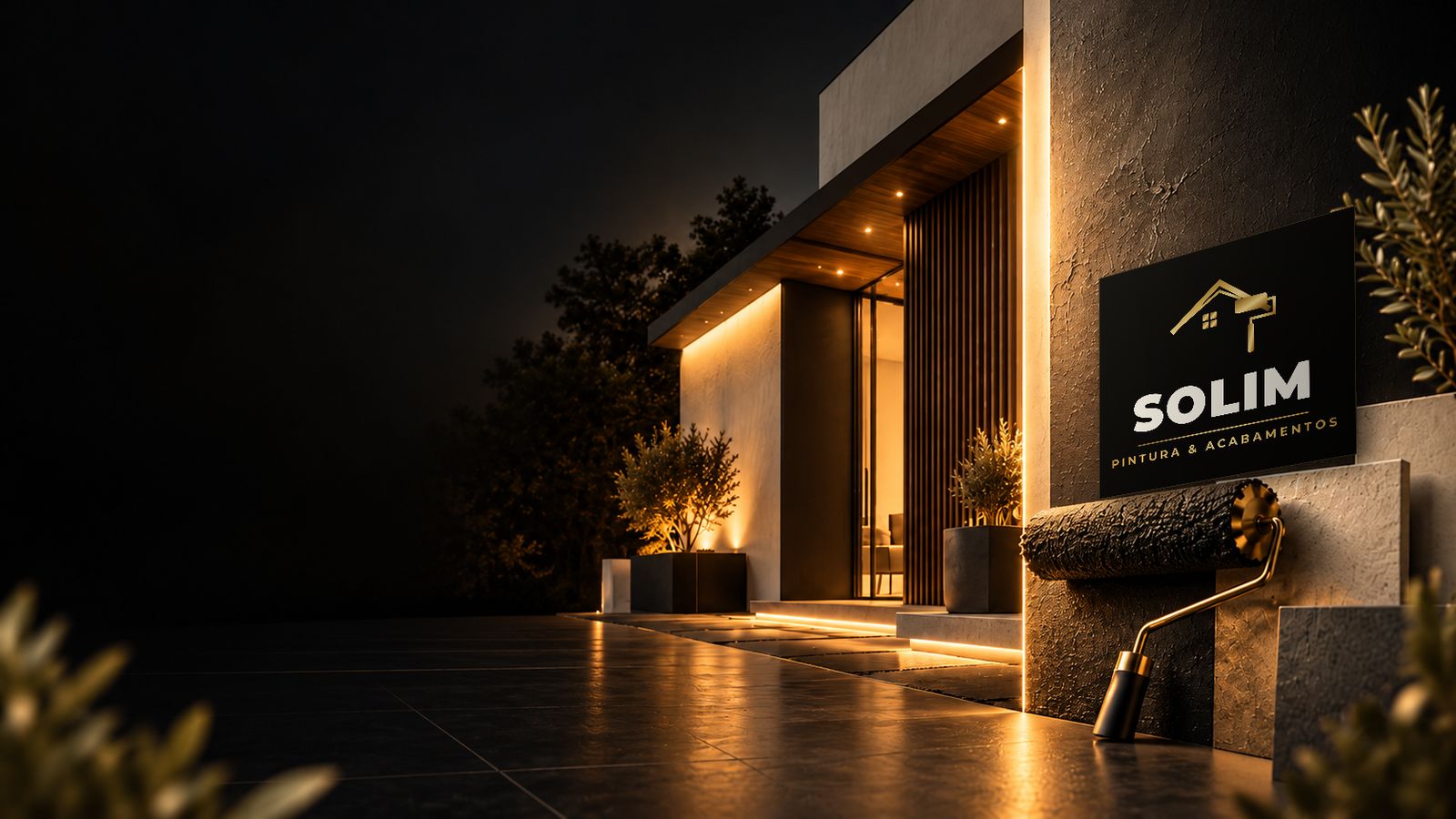 Fachada moderna iluminada à noite com placa da SOLIM e rolo de pintura